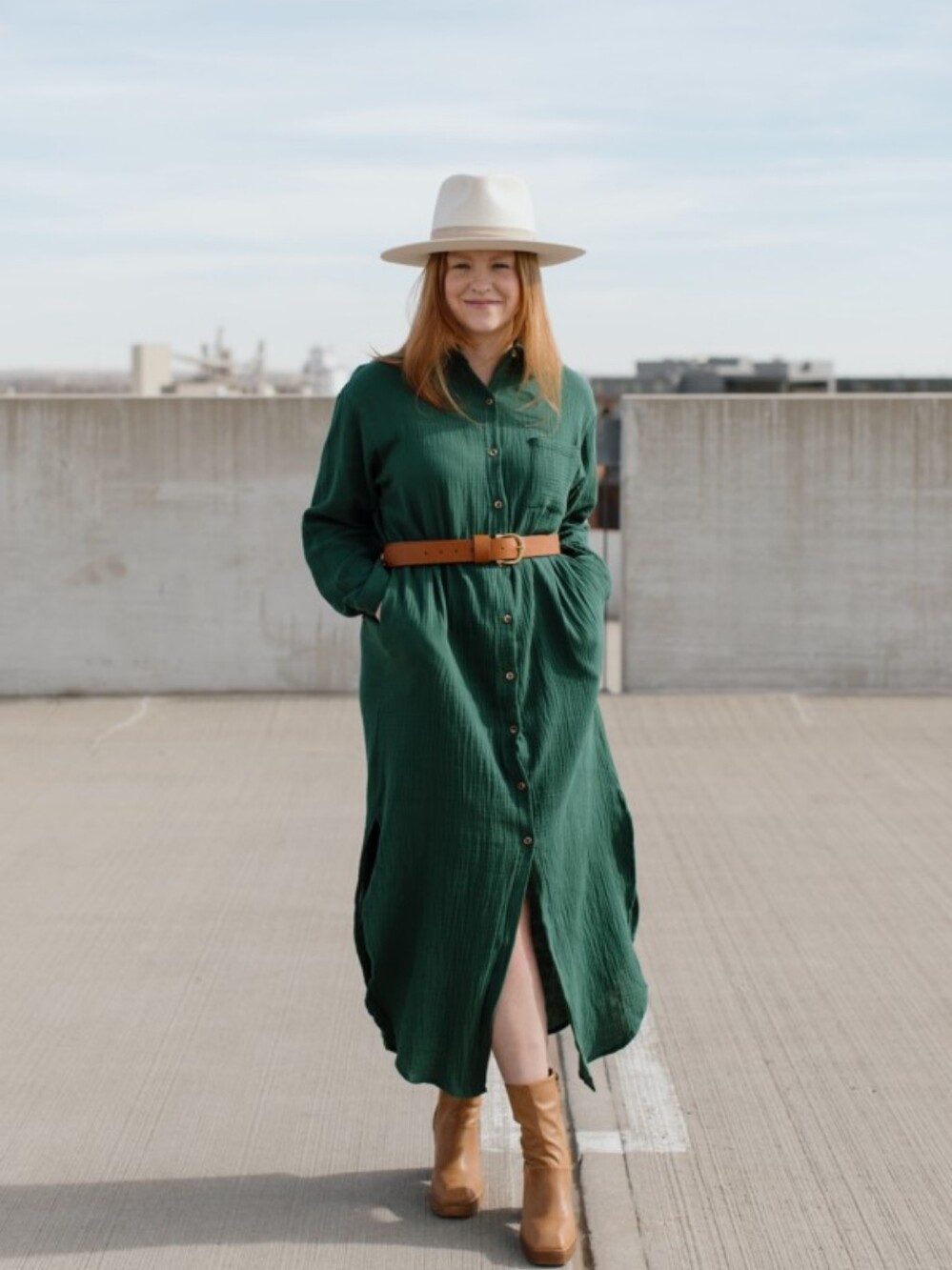 Bluivy | Dark Green Button-Front Shirt Dress